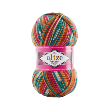 Superwash Wool (Alize) 7839 изумруд-оранж-мальва, пряжа 100г