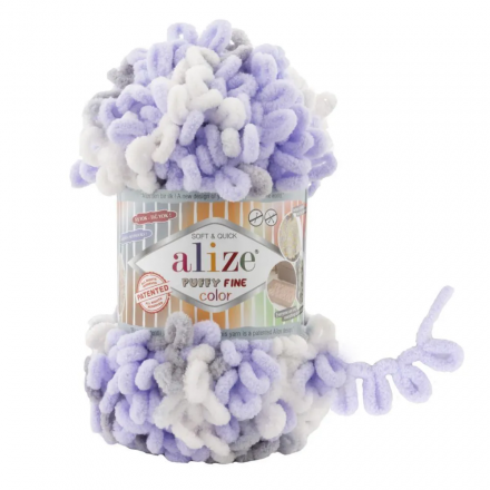 Puffy Fine Color (Alize) 6372 белый-сиреневый-серый, пряжа 100г