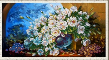 1252 &quot;Букет из белых роз&quot; ткань с рисунком для вышивки бисером