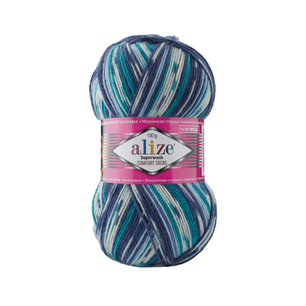 Superwash Wool (Alize) 7708 белый-синий-изумруд принт, пряжа 100г
