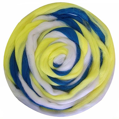 1517 желтый-белый-синий, ТКФ полутонкая шерсть для валяния 50г
