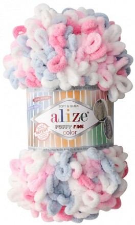 Puffy Fine Color (Alize) 5945 белый розов.голубой, пряжа 100г