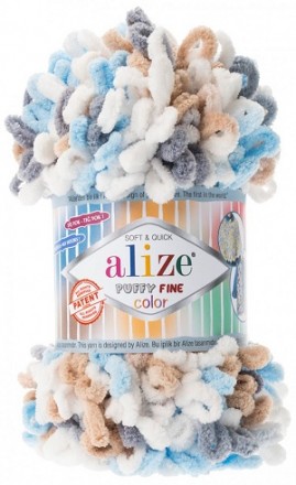 Puffy Fine Color (Alize) 5946 белый сер.беж.бирюза, пряжа 100г