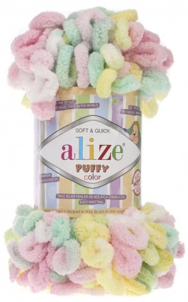 Puffy Color (Alize) 5862 лимон-розовый-мята, пряжа 100г