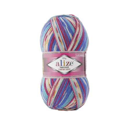 Superwash Wool (Alize) 7654 бирюза-василёк-фуксия, пряжа 100г