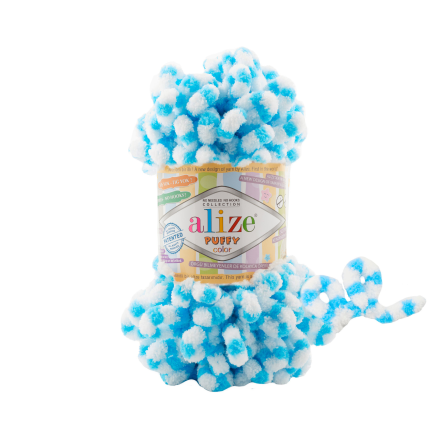 Puffy Color (Alize) 6459 белый-бирюза, пряжа 100г