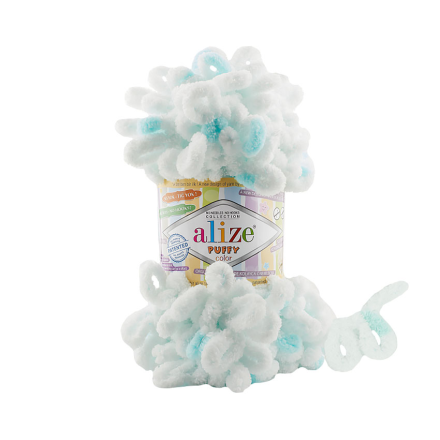 Puffy Color (Alize) 6491 белый-бирюза, пряжа 100г