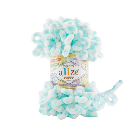Puffy Color (Alize) 6493 белый-голубой, пряжа 100г