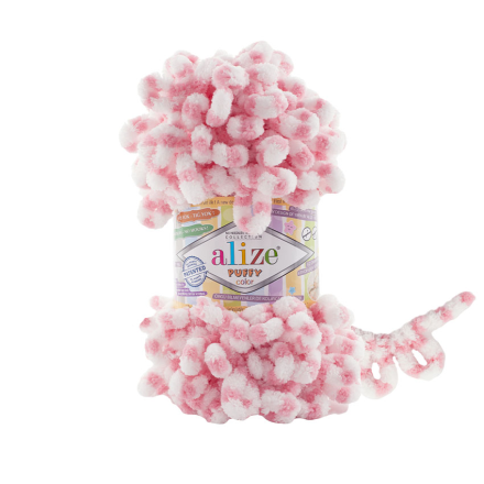 Puffy Color (Alize) 6494 белый-розовый, пряжа 100г