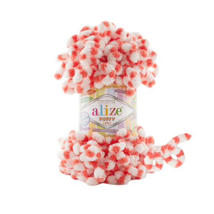 Puffy Color (Alize) 6495 белый-красный, пряжа 100г