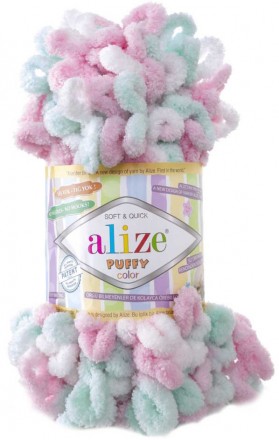 Puffy Color (Alize) 6052 мята розовый белый, пряжа 100г