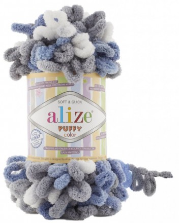 Puffy Color (Alize) 6075 серый джинс белый, пряжа 100г